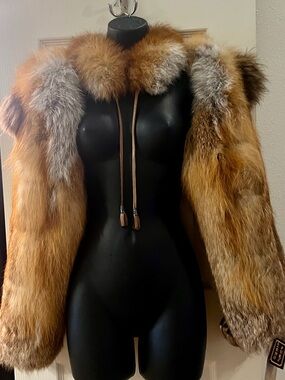 Saga Furs Genuine Red Fox Natural-Tone Triple Pelt Fur Sleeves Leather Tassels M